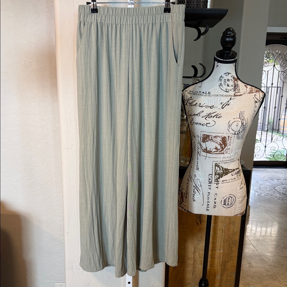 BOHME SAGE GREEN LINEN BLEND-WIDE LEG WOMENS CASUAL PANT